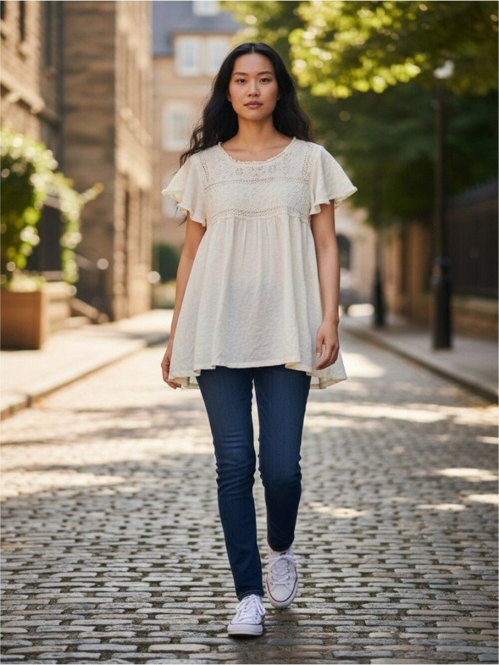 Ella Moss Womens Crochet Trim Flutter Sleeve Tunic Top Medium Ivory Cotton Modal